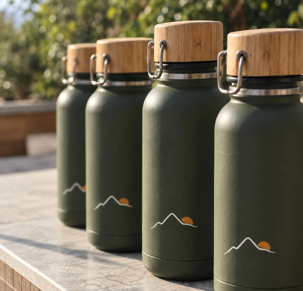 Botellas verdes con tapa de bambú y marca Estribo